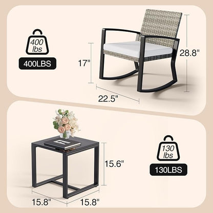 Qsun 3 Pieces Outdoor Patio Furniture Set Rocking Bistro Set, Outdoor Patio Furniture Set with Coffee Table for Garden Balcony Backyard Poolside (Light Grey Cushion)