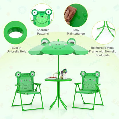 HONEY JOY Kids Picnic Table, Animal Themed Toddler Outdoor Table and Chair Set, 2 Folding Chairs & Removable Umbrella, Children Outdoor Furniture for Backyard Patio Garden (Green Frog)