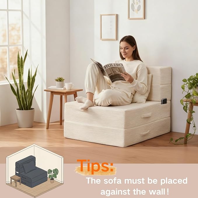 Folding Sofa Bed, 4 in 1 Convertible Sleeper Chair with Pillow, Single Memory Foam Fold Out Chair Bed, Modern Floor Futon Sofa Couch Mattress for Living Room/Guest/Apartment,Beige