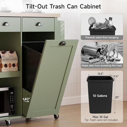 ONBRILL 56" Kitchen Island with Drop Leaf, Rolling Kitchen Cart with Trash Cabinet, Power Outlet, 2-Tier Open Shelves, 3 Drawers, Spice & Paper Towel Racks, 6 Wheels (4 Locking) for Dining Room, Green