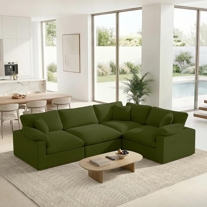 Modular Sectional Sofa, 4 Seater Cloud Couch,Down Filled Comfy Cloud Modern Sofa,Green Linen Oversized Couch Cushion Covers Removable for Living Room