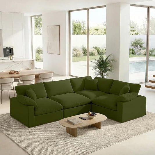 Modular Sectional Sofa, 4 Seater Cloud Couch,Down Filled Comfy Cloud Modern Sofa,Green Linen Oversized Couch Cushion Covers Removable for Living Room