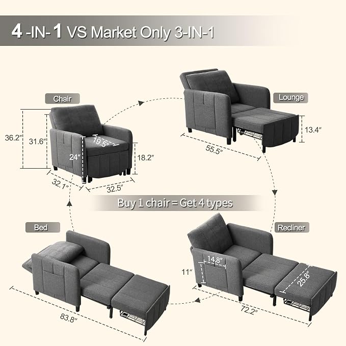 ZZW Sleeper Chair 84" Extra Long Convertible Chair Bed Upgraded 3-in-1 to 4-in-1 Pull Out Chair & Single Sofa Bed for Adult Sleeping Chair for Living Room & Small Space (Dark Grey)