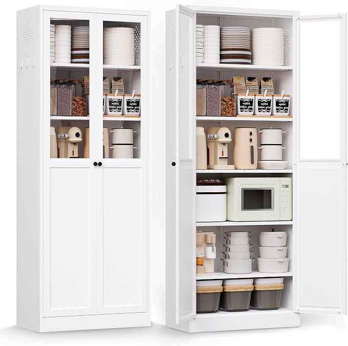 Pantry Cabinet with Glass Doors, 72” Kitchen Storage Cabinets with 5 Adjustable Shelves, Kitchen Pantry Cabinet with Ventilation Holes and Hooks for Home, Living Room, Pantry (White)