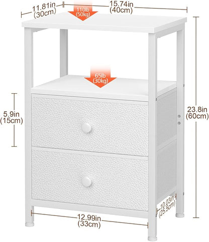 LOAKEKEL Night Stand, Nightstand with 2 Fabric Drawers for Bedroom, Small End Table with Open Storage Shelf for Living Room, Bedisde Table for Apartment, White, HETS002WP-1