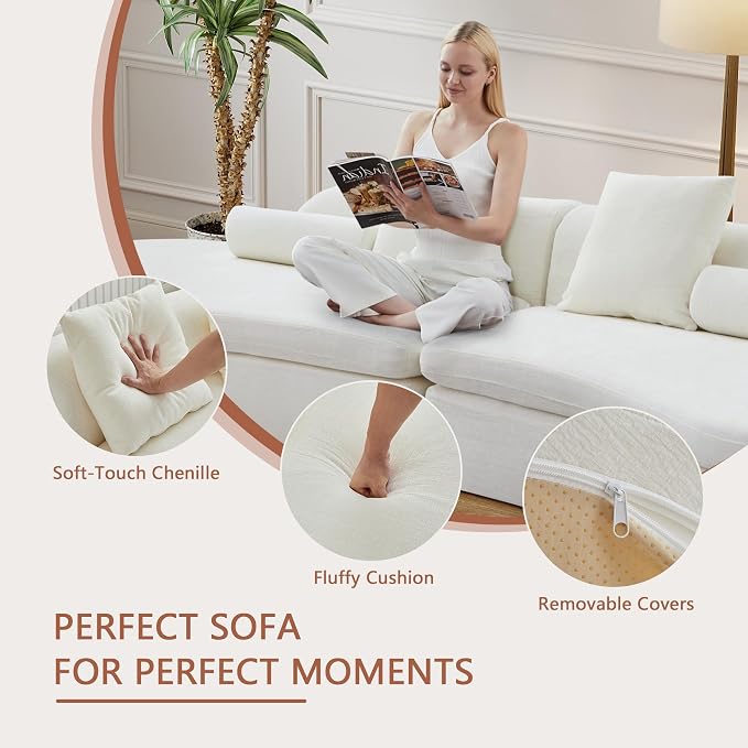 126" Curved Modular Sectional Sofa, Chenille Upholstered Cloud 4 Seater Couch for Living Room, No Assembly Modern Love Seat Sofa with 2 Bolster Pillows & 2 Square Pillows, High-Density Foam, White