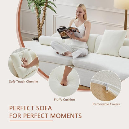 126" Curved Modular Sectional Sofa, Chenille Upholstered Cloud 4 Seater Couch for Living Room, No Assembly Modern Love Seat Sofa with 2 Bolster Pillows & 2 Square Pillows, High-Density Foam, White