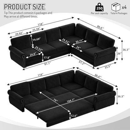 118" L-Shaped Sleeper Couch Bed - Oversize Convertible with Pull-Out Sofa Bed, Button Tufted Chesterfield Sofa, Chenille Sectional Vintage Couches for Living Room/Apartment(6-Seater, Black)