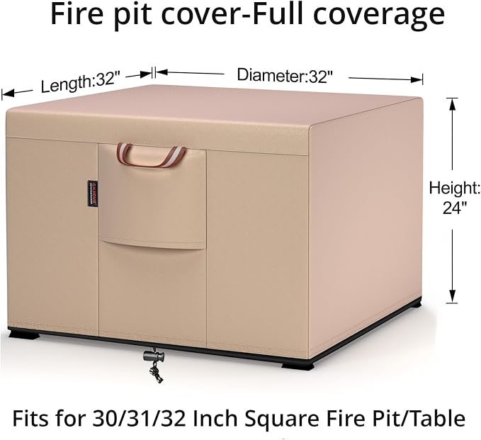 QH.HOME Fire Pit Cover Square-29-32 Inch Heavy Duty 900D Strong Tear-Resistant and UV Resistant and Waterproof and Fading Resistant Material Polyester Firepit Covers for Outdoor Fire Table-Wheat