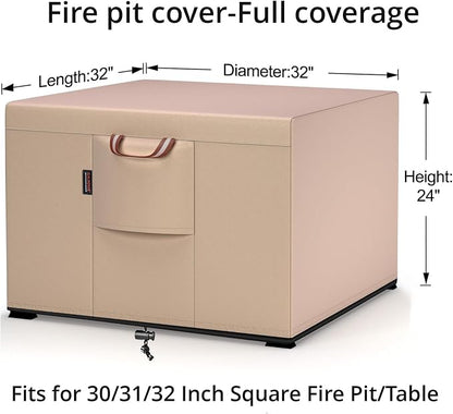 QH.HOME Fire Pit Cover Square-29-32 Inch Heavy Duty 900D Strong Tear-Resistant and UV Resistant and Waterproof and Fading Resistant Material Polyester Firepit Covers for Outdoor Fire Table-Wheat