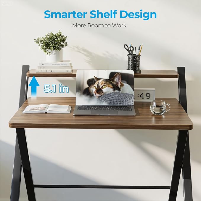 GreenForest Folding Desk No Assembly Required, 2 Tier Computer Desk with Monitor Shelf, 30 Inch Foldable Home Office Table for Work from Home Apartment Dorm Study Room, Espresso
