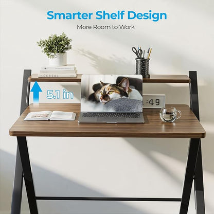 GreenForest Folding Desk No Assembly Required, 2 Tier Computer Desk with Monitor Shelf, 30 Inch Foldable Home Office Table for Work from Home Apartment Dorm Study Room, Espresso