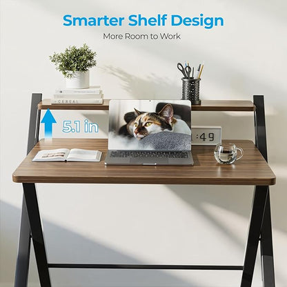 GreenForest No Assembly Folding Desk, 2-Tier Compact Computer Desk with Shelf, Space Saving Foldable Table for Home Office, Dorm or Apartment, Portable Collapsible Sturdy Laptop Desk, Espresso