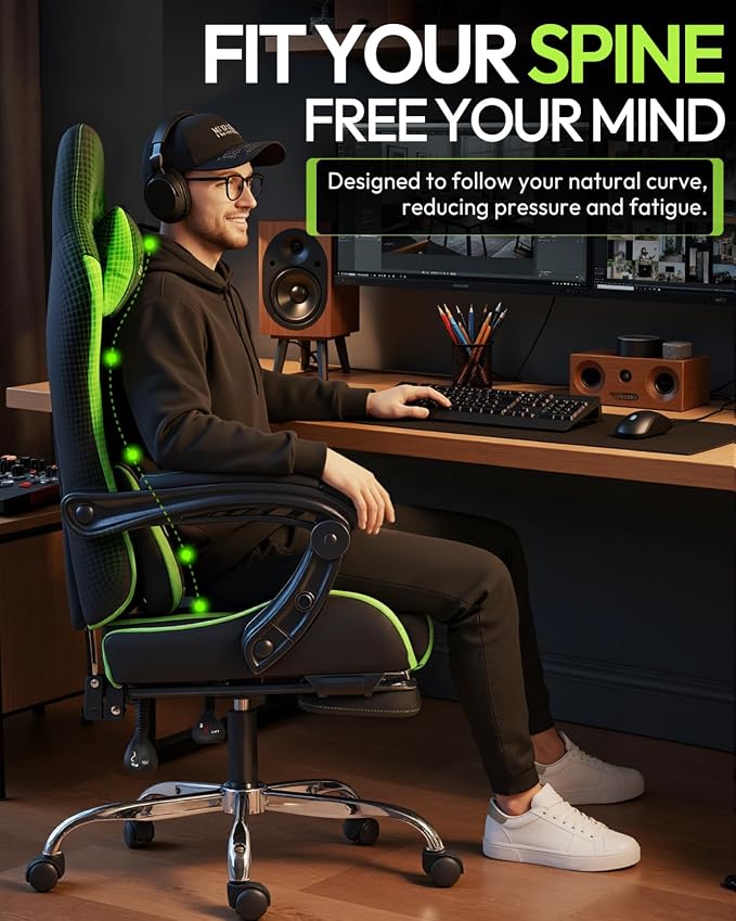 Dowinx Ergonomic Gaming Chair with Footrest & Massage Lumbar, 2D-Linkage Armrests for Computer Chair 330lbs with Headrest Pillow for Office, Home, Streaming and Long Gaming Sessions, Green