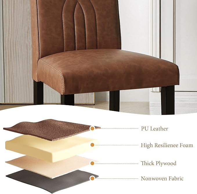 VECELO Upholstered Dining Chairs Set of 4, Modern PU Leather High Back Chairs with Solid Wood Legs for Kitchen and Living Room, Brown