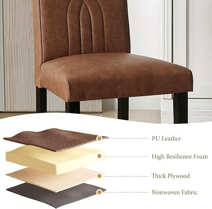 VECELO Upholstered Dining Chairs Set of 4, Modern PU Leather High Back Chairs with Solid Wood Legs for Kitchen and Living Room, Brown