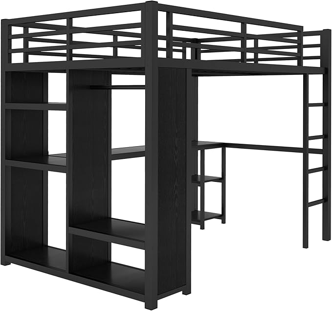 Bellemave Full Size Loft Bed with Desk, Wardrobe, Metal Full Loft Bed Frame for Adults, Kids, Teens, Black