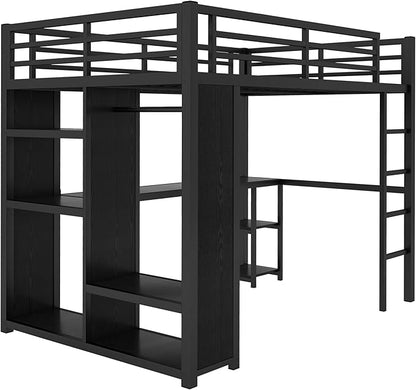Bellemave Full Size Loft Bed with Desk, Wardrobe, Metal Full Loft Bed Frame for Adults, Kids, Teens, Black
