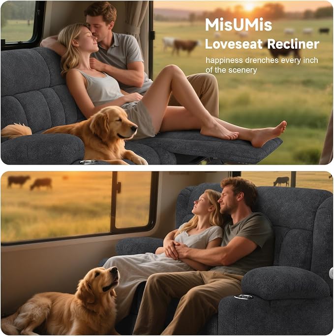 RV Loveseat Recliner Sofa, Wall Hugger Reclining Loveseat RV Couch with USB Ports, Cup Holders, Pockets, 150° Adjustable RV Furniture Velvet Fabric Recliners for Travel & Home Theater Seating