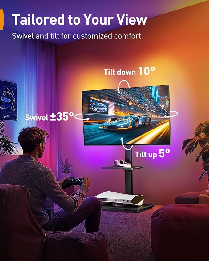 Perlegear Floor TV Stand with LED Lights for 34-75 inch TVs up to 110 lbs, Max VESA 600x400mm, Swivel, Tilt, 12 Height Levels, TV Backlights with Music Sync, Solid Wood Base, PGFS21B