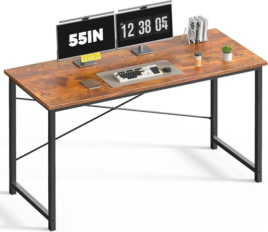 DUMOS 55 Inch Computer Office Desk Writing Gaming Study Work Large Desks for Bedroom Home Office with Metal Frame Simple Modern PC Table Workstation, Wood Brown