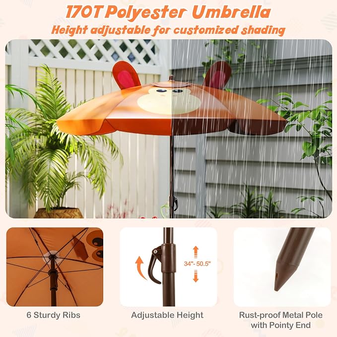 HONEY JOY Kids Picnic Table, Animal Themed Toddler Outdoor Table and Chair Set, 2 Folding Chairs & Removable Umbrella, Children Outdoor Furniture for Backyard Patio Garden (Brown Monkey)