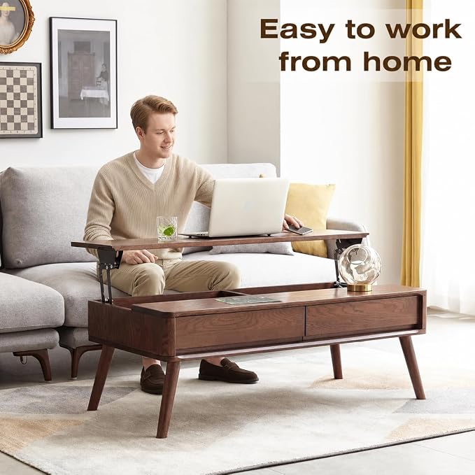 100% Solid Wood Lift Top Coffee Table for Living Room, Mid Century Modern Tables with Drawers and Large Storage, Oak Wood Coffee Tables for Small Spaces (Oak Walnut Color, 47.24"W x 23.62"D x 25.59"H)