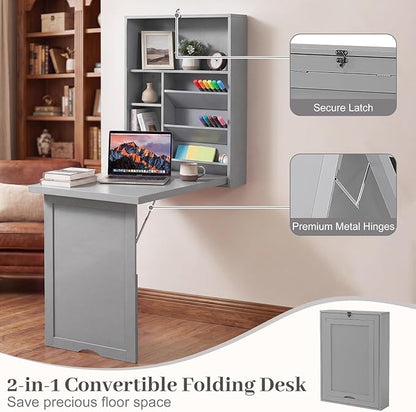 Tangkula Folding Wall Mounted Desk, Convertible Fold Out Floating Table with Storage Shelves, Space-Saving Drop Leaf Table, Murphy Desk for Craft, Study, Small Spaces, Home Office, Dorm, Grey