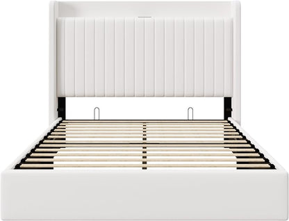 Allewie Full Size Lift Up Storage Bed Frame,Storage Shelf Headboard with Charging Station,Type-C and USB Ports,Hydraulic Support,Velvet Upholstered Bed Frame,No Box Spring Needed,White