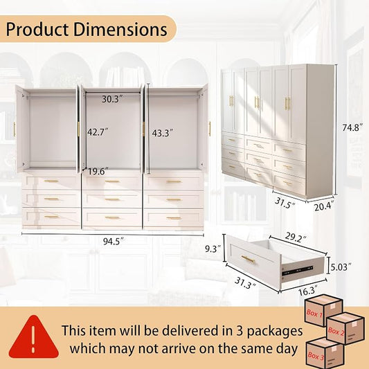 White Wardrobe with 6 Doors: 75" Tall Armoire Wardrobe Closet with 9 Drawers, Bedroom Closet Cabinet for Hanging Clothes, Wooden Storage Armoire with Shelves (Modern, 3)