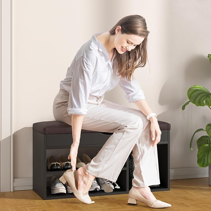 Apicizon Entryway Bench with Shoe Storage, Black, 2-Tier Shoe Rack, Padded Cushion, Wooden Frame