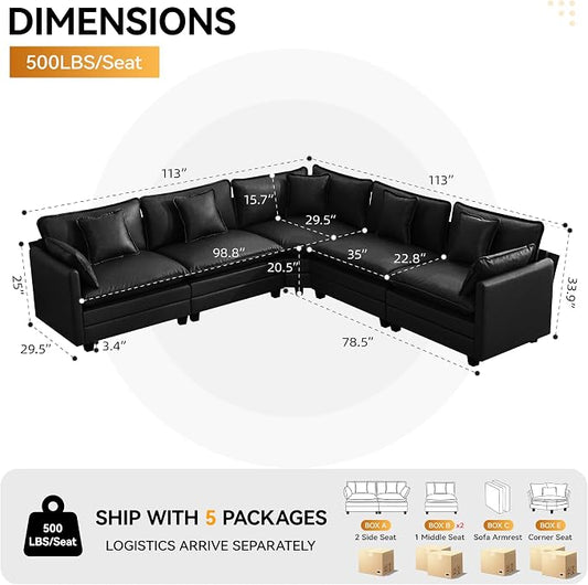 137'' V Shaped Cloud Sectional Sofa, Oversized Deep Seat Leather Couches for Living Room, Comfy Upholstered Modular Sectional Sofa Couch, Leather Black