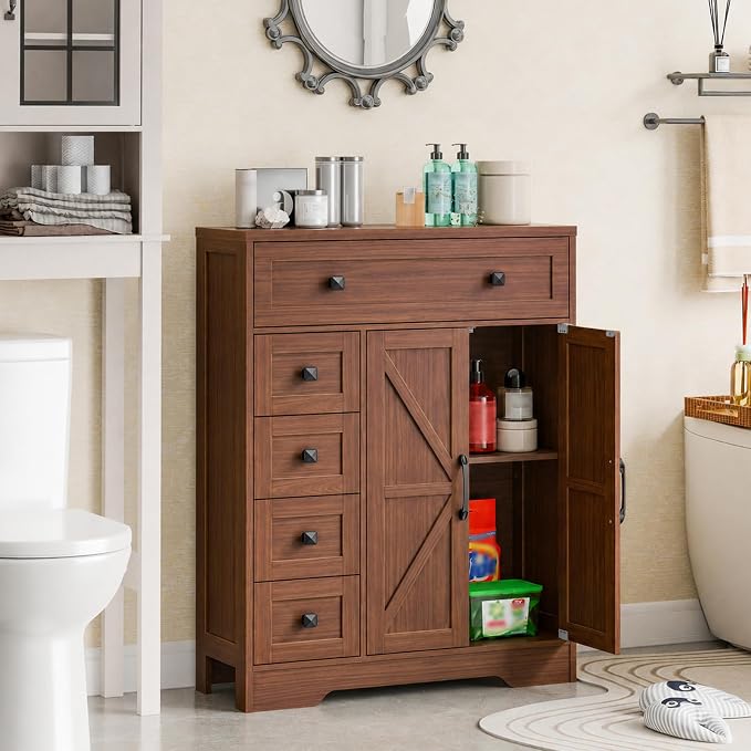 Vabches Farmhouse Storage Cabinet with 2 Doors and 5 Drawers, Freestanding Bathroom Cabinets Kitchen Pantry, Floor Storage Cabinet Hutch Cupboard for Living Room/Bathroom/Kitchen. Walnut