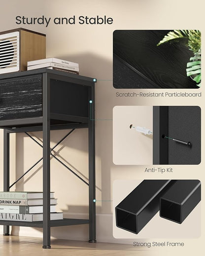 SONGMICS Bedside Table, Side Table with Drawer, Nightstand with Lower Shelf, for Bedroom, Living Room, 11.8 x 15.6 x 23.8 inches, Set of 2, Ebony Black, BELLAH Collection ULGS111B201S