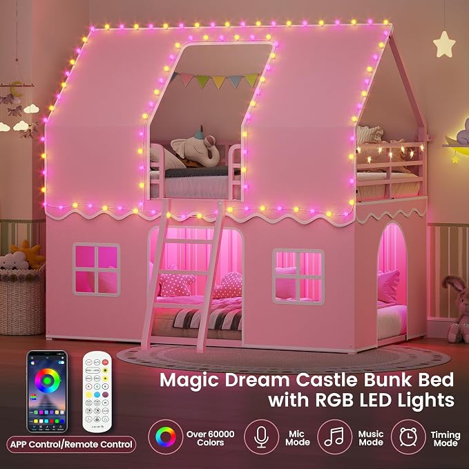BTHFST Bunk Bed Twin Over Twin with Play Curtain, House Bunk Bed with LED Lights, Metal Kids Bunk Bed with Inclined Ladder and Guardrail, Space Saving, No Box Spring Needed, Pink
