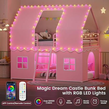 BTHFST Bunk Bed Twin Over Twin with Play Curtain, House Bunk Bed with LED Lights, Metal Kids Bunk Bed with Inclined Ladder and Guardrail, Space Saving, No Box Spring Needed, Pink