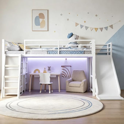 Bellemave Twin Loft Bed with Slide & Ladder, Metal Kids Loft Bed with Storage Drawers & LED Lights, Low Loft Bed Twin Size with Wood Wardrobe & Bookcase, Loft Bed for Kids Teens, White