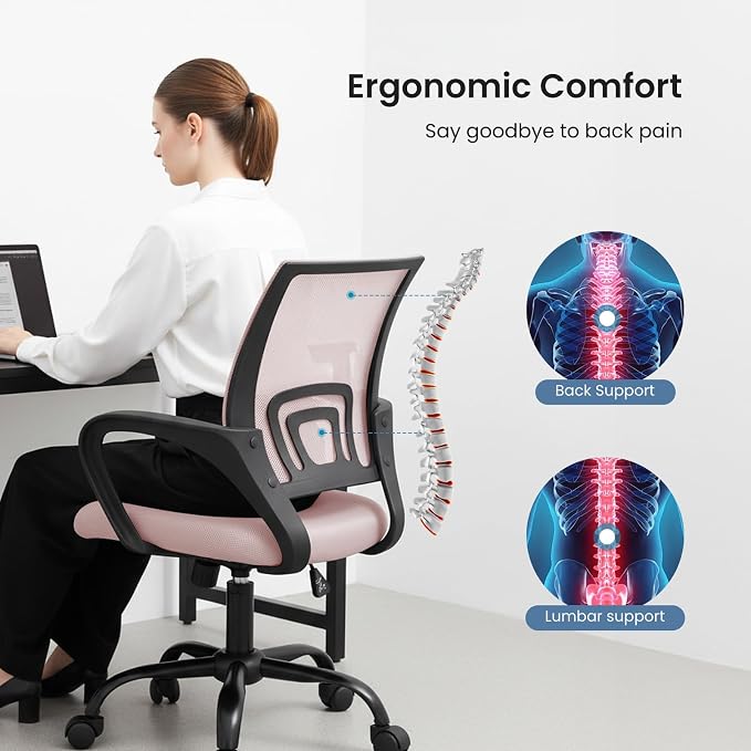 OLIXIS Office Desk Chair - Ergonomic Mid Back with Lumbar Support & Rocking Mode, Height Adjustable with Fixed Armrest, for Home, Computer, Gaming, Conference, Meeting Room, 360° Swivel, Pink, 2 Pack