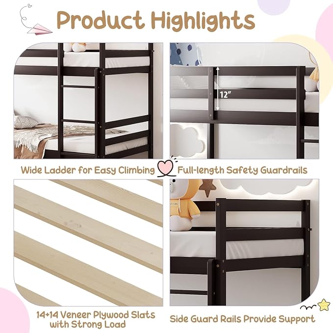 NAFORT Bunk Bed Twin Over Twin, Solid Wood Bunk Bed with Ladder and Safety Rails, Wooden Bed Framefor Kids Teens or Guests, Space-Saving Furniture for Bedroom Dorm, Espresso