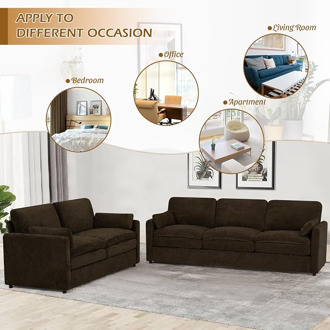69” Chenille Loveseat Sofa w/Arm Pillows, Upholstered 2-Seater Sofa w/Comfortable Back Cushions, Modern 2 Seats Couch w/High-Density Foam for Living Room, Apartment, Office, Brown