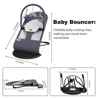 Portable Baby Bouncer Seat for Infants, 0-18 Months, 3 Modes of Use with Rocker & Stationary Options, Ergonomic Infant Chair with Hanging Toys – Grey