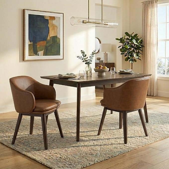 KISLOT Wooden Dining Chairs Set of 4, Faux Leather Upholstered Modern Dining Room Chairs with Barrel Backrest & Double-Layer Thick Cushion for Living Room, Restaurant, Kitchen and Café, Brown, 2 Boxs