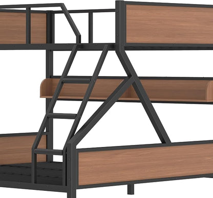 Bellemave Bunk Bed Queen Over King with LED, Heavy Duty Metal Bunk BedFrame with Storage Shelves and Lights, Woodgrain+Black