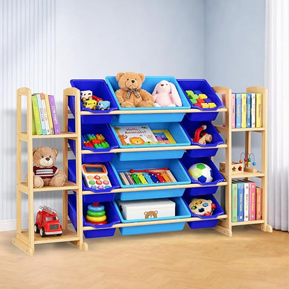 Kids Toy Storage Organizer with Bookshelf – Wooden Shelf with 12 Bins & 6 Shelves, Quick Assembly Storage Rack for Playroom, Bedroom, Nursery– Blue