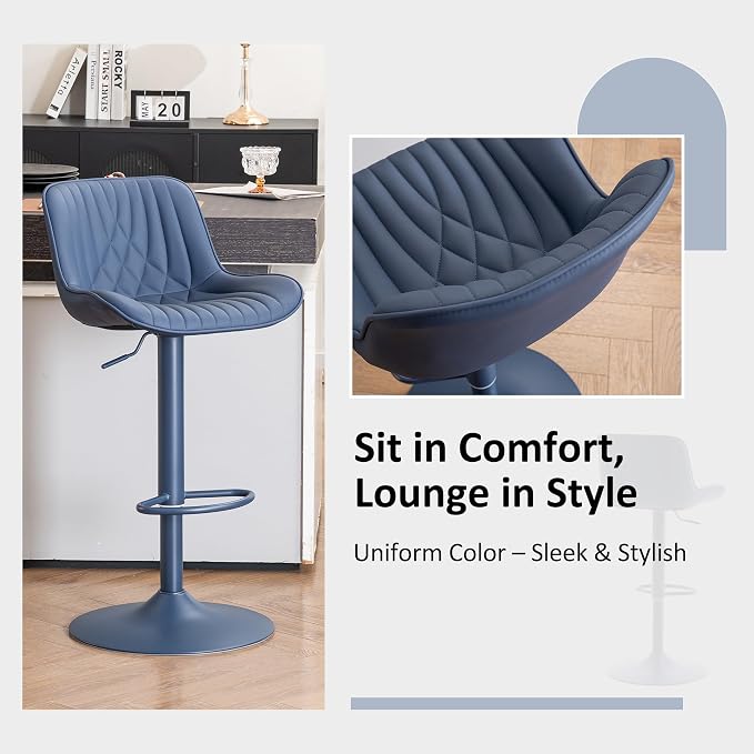 YOUTASTE Bar Stools Set of 2, Adjustable Swivel Counter Height Barstools with Back, All Navy Blue Faux Leather Upholstered Bar Chairs with Metal Base, Stools for Kitchen Island or Home Bar