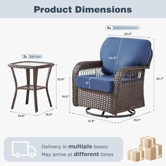 Belord Luxury Patio Furniture Set with 5-inch Thick Cushion, Outdoor 3-seat Sofa and High Back Swivel Rocker Patio Chairs and Ottoman, 6PCS Wicker Conversation Set for Deck Yard and Poolside,Blue