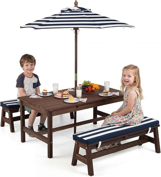 Costzon Kids Picnic Table, Fir Wood Toddler Outdoor Table & Bench Set w/Removable Umbrella & Cushions, Stripe Fabric, Kids Outdoor Furniture for Patio Backyard Garden, Fits 4 Children Age 3+ (Blue)
