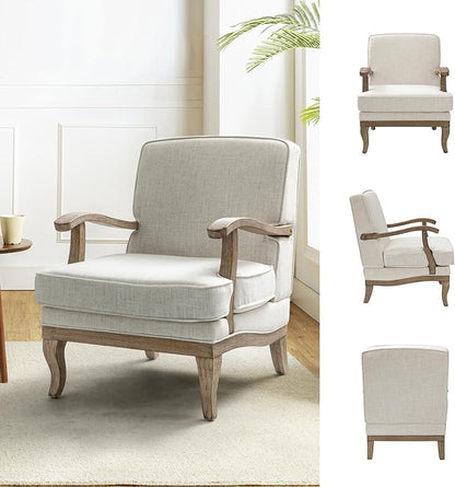 HULALA HOME Mid-Century Modern Accent Chair, Upholstered Living Room Lounge Chair, Lounge Armchair with Romantic Stripes & Solid Wood Legs, Living Room Bedroom Single Sofa Chair (Ivory)