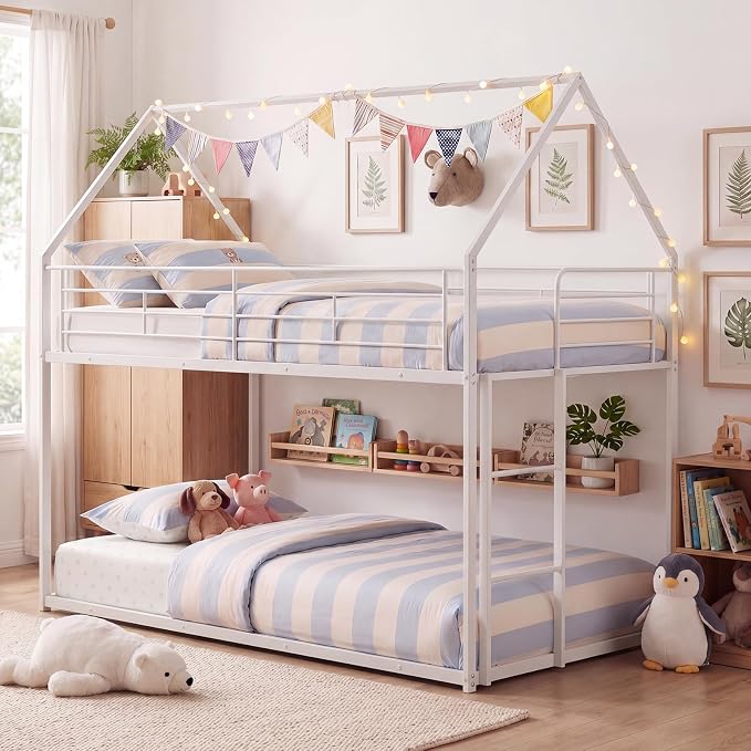 Giantex Twin Over Twin Metal Bunk Bed, House-Shaped Bunk Bed Frame with Safety Guardrail & Roof, Heavy-Duty Kids Floor Bed with Metal Slats for Boys Girls, No Box Spring Needed (White)