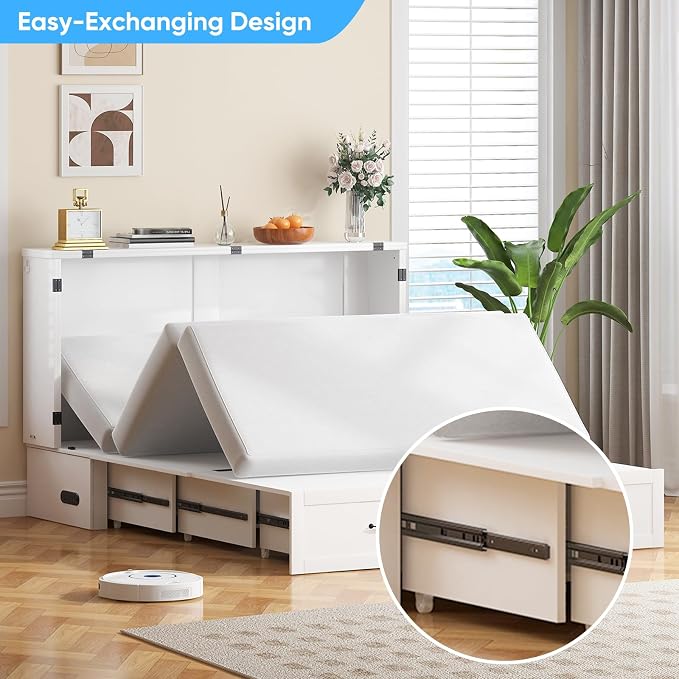 Mjkone Queen Size Murphy Bed Cabinet with USB Charging Station, 63.39" Width Storage Chest Cabinet Murphy Beds with Foldable Panel for Guest Small Spaces Home Offices, Mattress Not Included, White